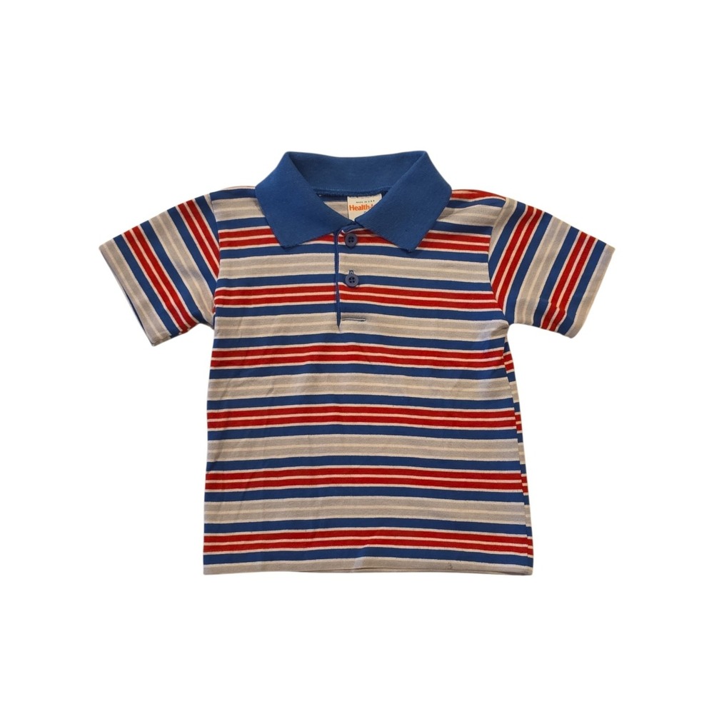 Vintage Health-Tex Toddler Polo Shirt 3T USA Red Blue Gray Striped 80s 90s